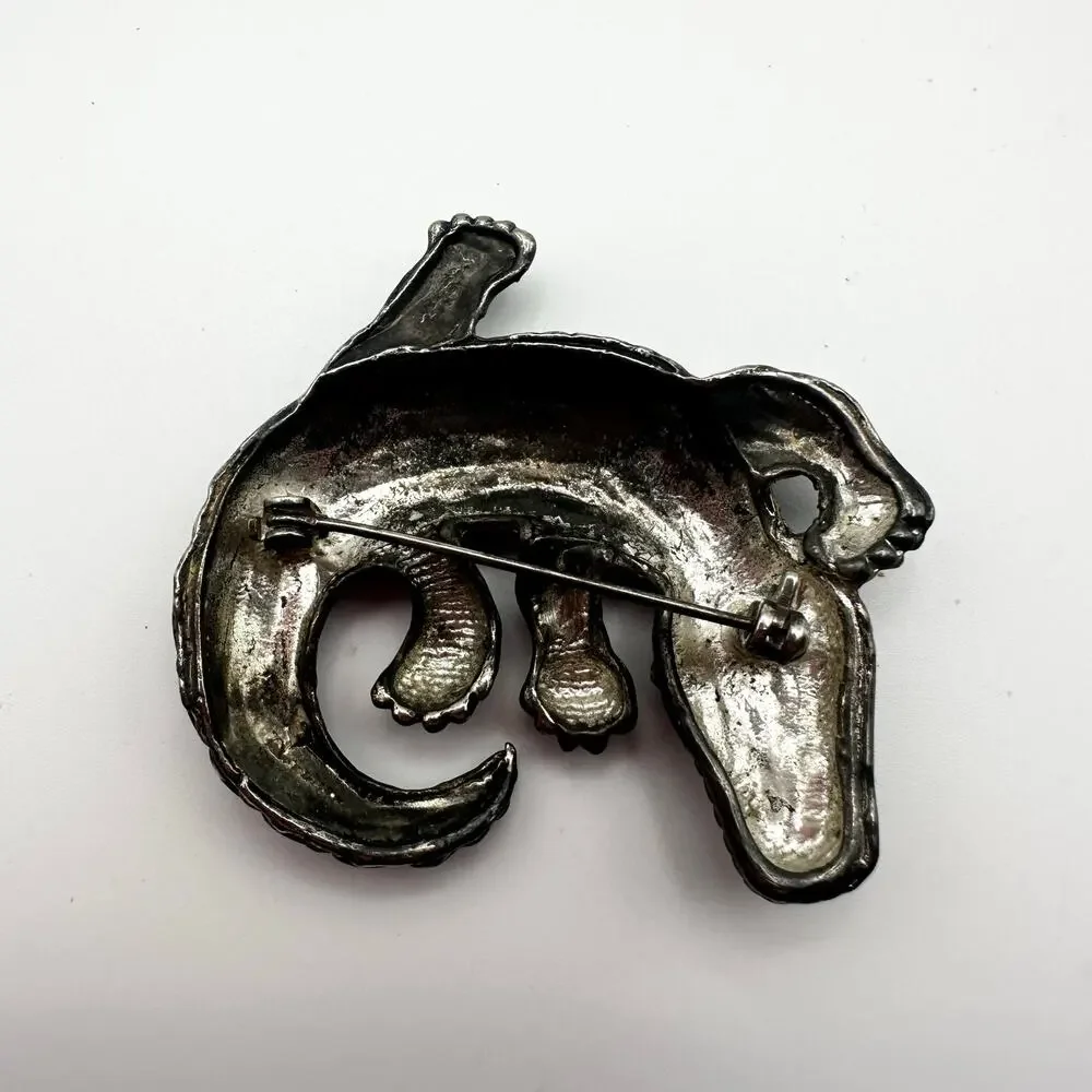 Vintage Unmarked Pewter Silver Curved Textured Alligator Crocodile Brooch Pin